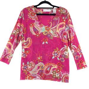 Dana Buchman Womens Size XL Mesh Blouse Pink Paisley Stretch V Neck Layered 90s